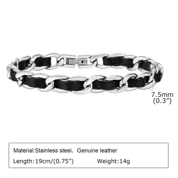 Black Leather Chain Bracelets, Waterproof Stainless Steel Cuban Links Chain - Picture 4 of 5